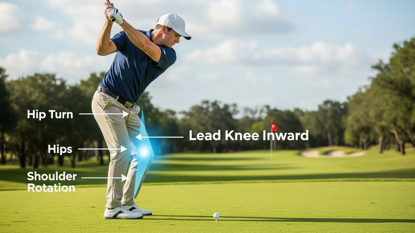 lead knee out and inward toward ball